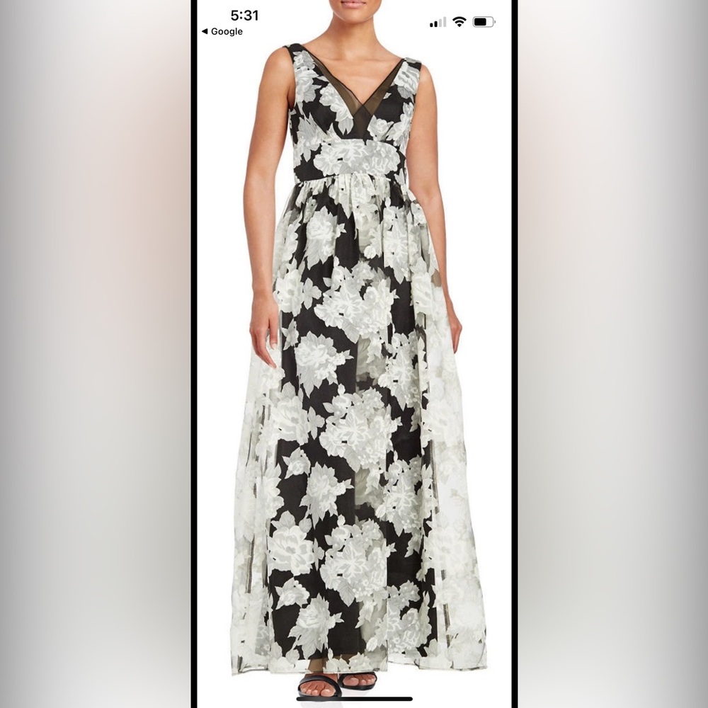 Vera Wang Black White Floral Organza Maxi Gown Dress Size 8 NWT Burnout Crepe